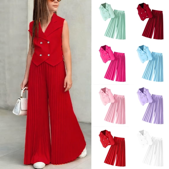 Cowsor Toddler Girls Summer Lightweight Solid Blazer Sleeveless Top Wide Leg Pleated Pants Two Piece Collared Outfit For 2-9 Years Old