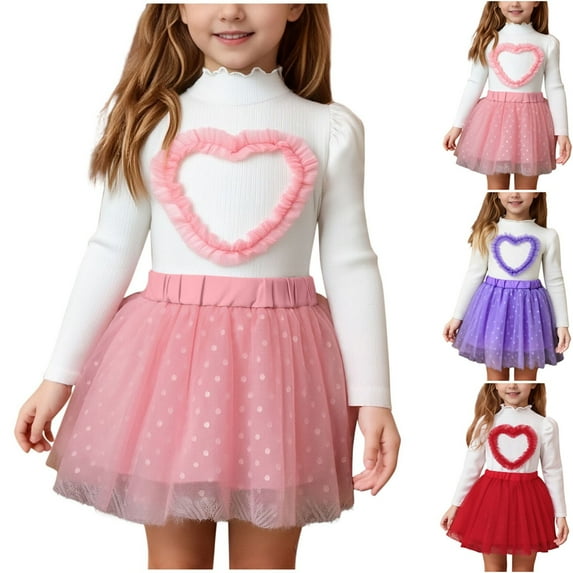 Cowsor Toddler Girls Valentine Day Outfit 9 Months to 5 Years Heart Print Long Sleeve Top Mesh Skirt 2 Piece Set Casual Party Daily Wear Crew Neck Clothes