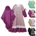 thumbnail image 1 of Cowsor Toddler Kids Ramadan Dress Set 0 to 10 Years Middle Eastern Floral Patchwork Long Sleeve Crew Neck Dress with Headscarf 2 Piece Festival Outfit, 1 of 7