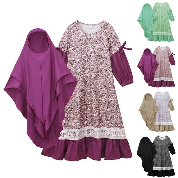 Cowsor Toddler Kids Ramadan Dress Set 0 to 10 Years Middle Eastern Floral Patchwork Long Sleeve Crew Neck Dress with Headscarf 2 Piece Festival Outfit