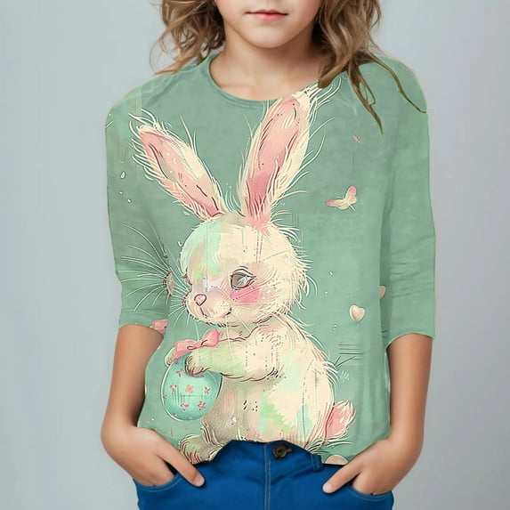 Cowsor Tween Girls Easter Print 3/4 Sleeve Crew Neck Top Soft Cotton Casual Lightweight Layering Tee for Kids 3-12 Years