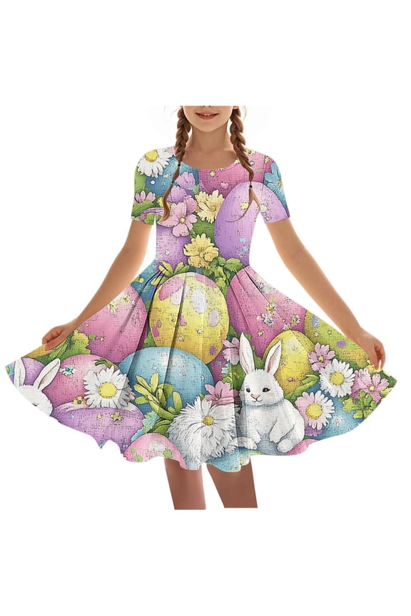 Tween Girls Easter Printed Short Sleeve Crew Neck Ballet Dance Dress Soft Breathable Practice Leotard Skirt Spring Summer Easter Outfit 4-14 Years