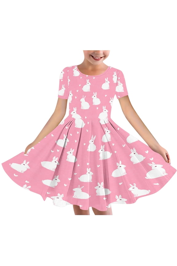 Tween Girls Easter Printed Short Sleeve Crew Neck Ballet Dress Soft Breathable Flowy Dance Skirt Spring Summer Casual Party Outfit 4-14 Years