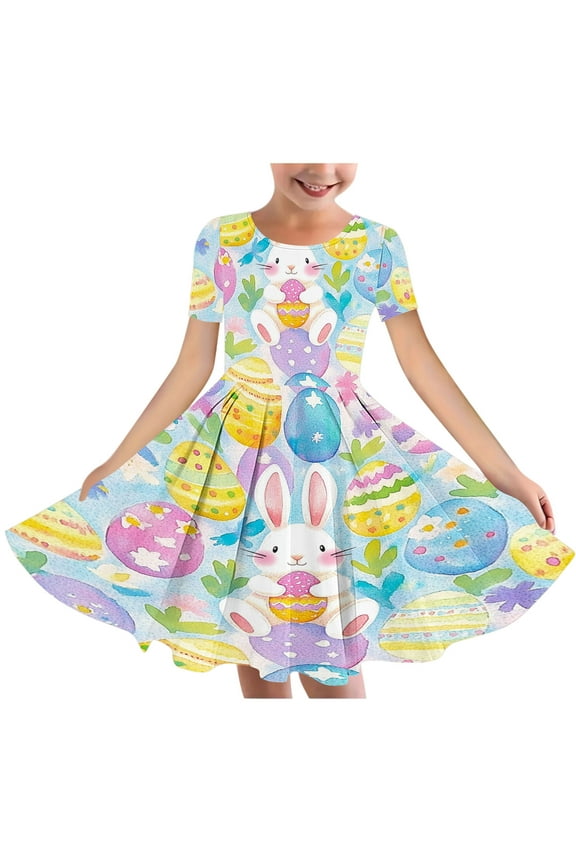 Tween Girls Easter Printed Short Sleeve Crew Neck Ballet Dress Soft Breathable Flowy Dance Skirt Spring Summer Casual Party Outfit 4-14 Years
