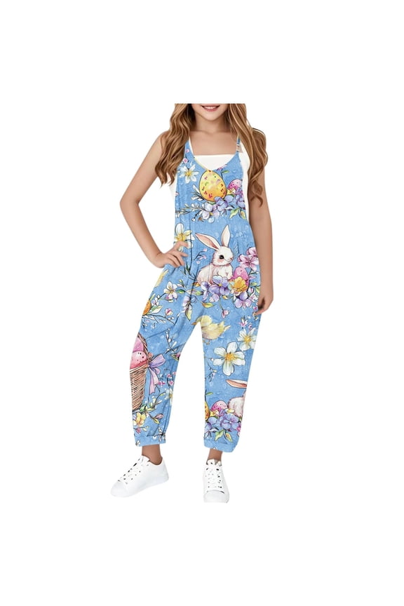 Tween Girls Easter Printed Sleeveless Cami Jumpsuit with Pockets Straps Overalls Casual Versatile One-Piece Pants for Kids 5-14 Years