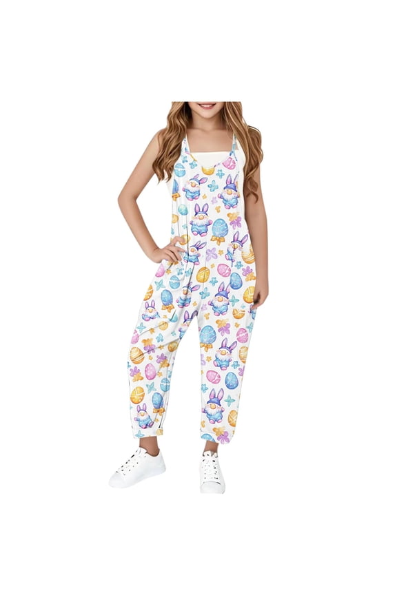 Tween Girls Easter Printed Sleeveless Cami Jumpsuit with Pockets Straps Overalls Casual Versatile One-Piece Pants for Kids 5-14 Years