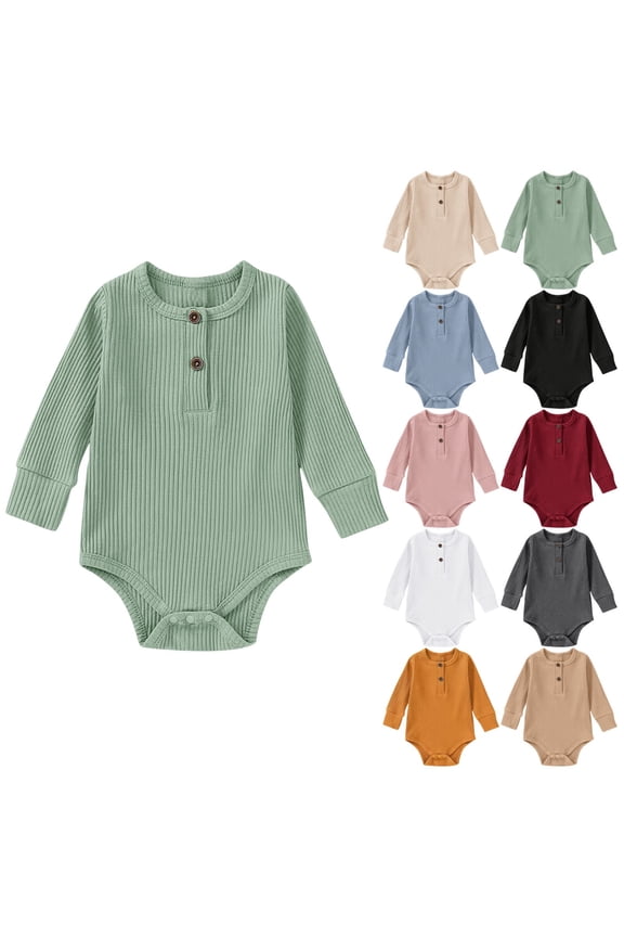 Unisex Baby Solid Color Long Sleeve Bodysuit Button Down Onesie for 0-24 Months Newborn Spring Fall Casual Wear
