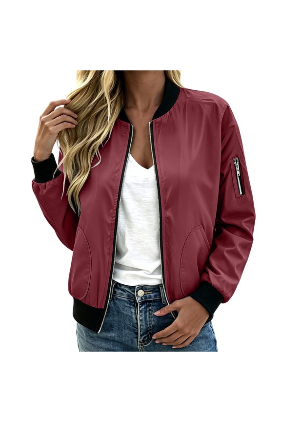 Women Solid Zip Up Bomber Jacket Stand Collarless Ribbed Cuffs Hem Long Sleeve Lightweight Windproof Outerwear Relaxed Fit Casual Bomber Coat With Multi Functional Side And Sleeve Pockets