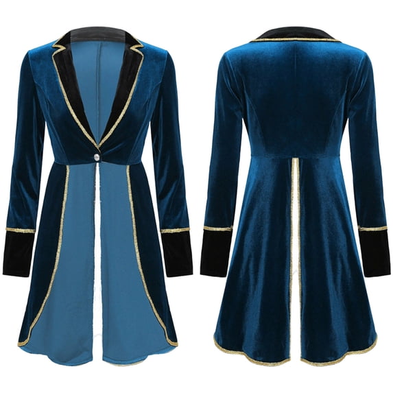 Cowsor Women Velvet Tailcoat Jacket Long Sleeve Lapel Collar One Button Closure Trim Swallow Tailed Mid Length Outerwear Halloween Themed Performance Stage Costume