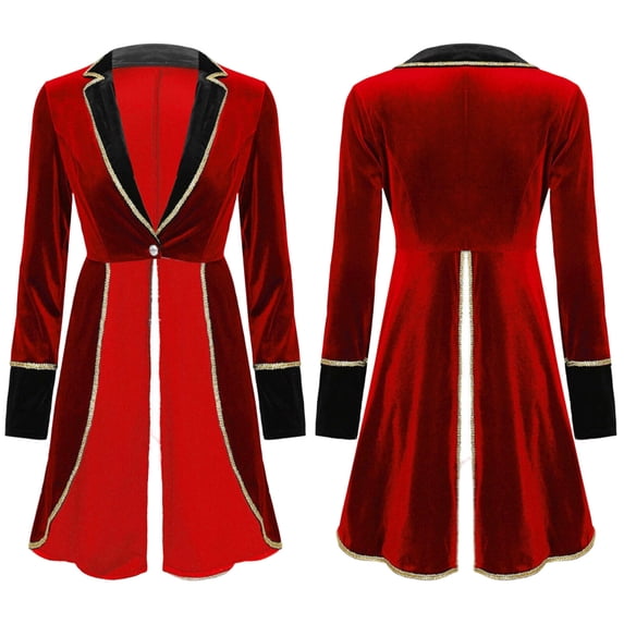 Cowsor Women Velvet Tailcoat Jacket Long Sleeve Lapel Collar One Button Closure Trim Swallow Tailed Mid Length Outerwear Halloween Themed Performance Stage Costume
