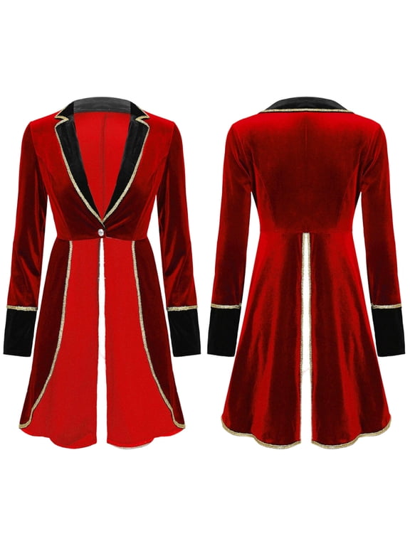 Women Velvet Tailcoat Jacket Long Sleeve Lapel Collar One Button Closure Trim Swallow Tailed Mid Length Outerwear Halloween Themed Performance Stage Costume