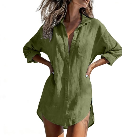 Cowsor Women's Button-down Solid Color Loose Long-sleeved Collared Tops Shirt with Pocket Tops