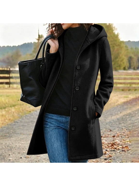Women's Casual Solid Color Hooded Mid Long Sleeved Jacket