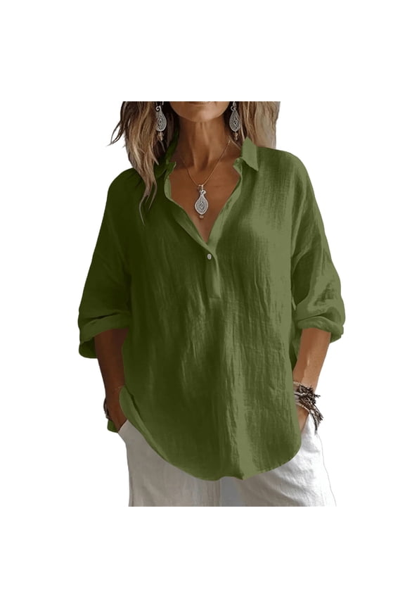 Women's Solid Color Long Sleeve Button-Front Linen Shirt with Classic Collar Casual Blouse