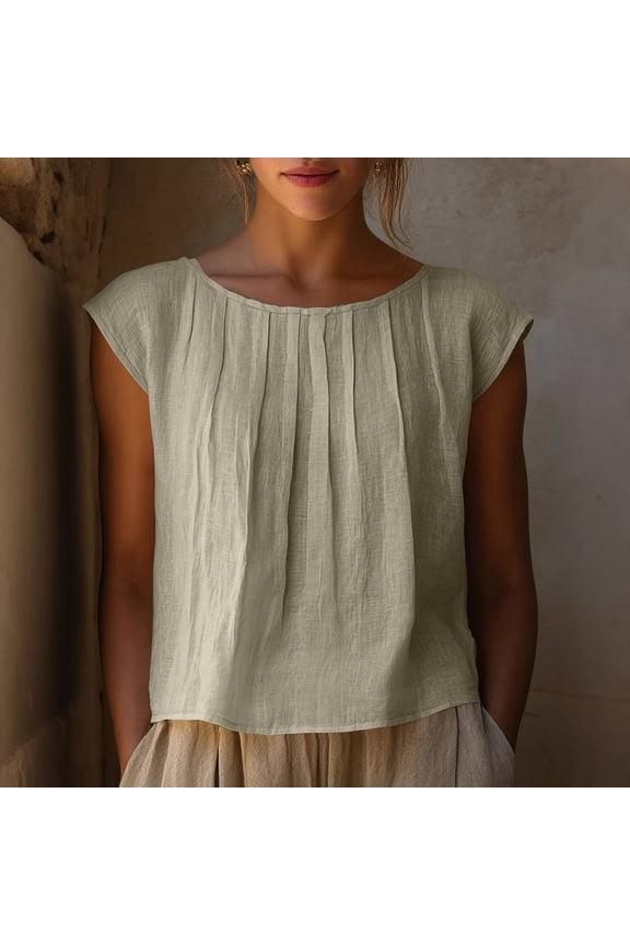 Womens Boat Neck Cap Short Sleeve Linen Blouses Solid Front Pleated Loose Curved Hem Lightweight Breathable Casual Pullover Tops