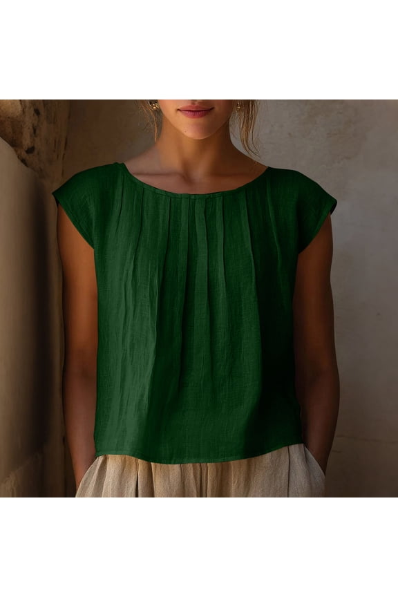 Womens Boat Neck Cap Short Sleeve Linen Blouses Solid Front Pleated Loose Curved Hem Lightweight Breathable Casual Pullover Tops