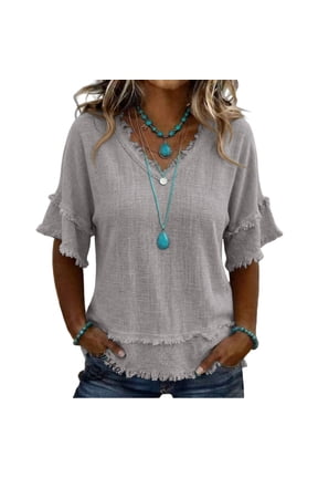 Womens Boho V Neck Blouse Solid Fringe Trim Short Ruffle Sleeve Loose Fit Textured Woven Tunic Tops Lightweight Breathable Casual Bohemian Style Pullover Shirts for Spring Summer Wear