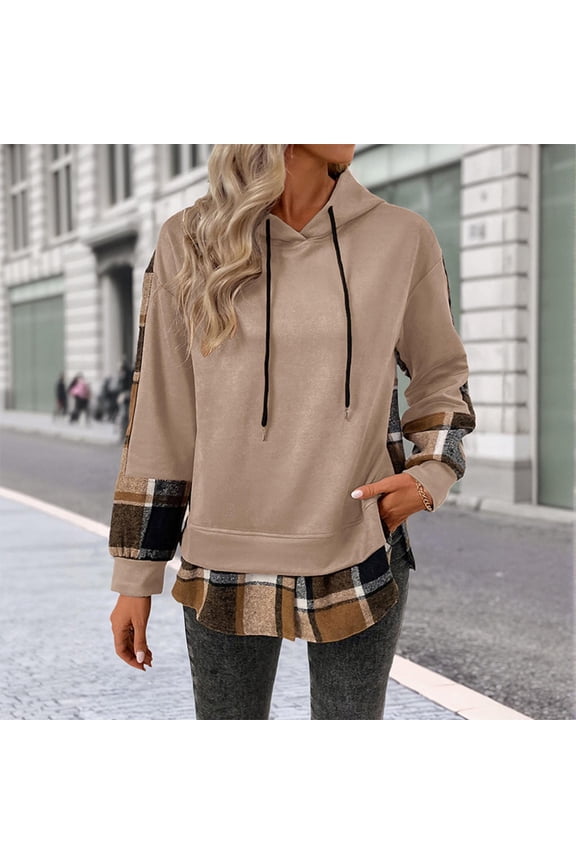 Womens Buffalo Plaid Color Block Hoodie Raglan Check Patchwork Sleeve Drawstring Hood Kangaroo Pocket Loose Casual Pullover Tops