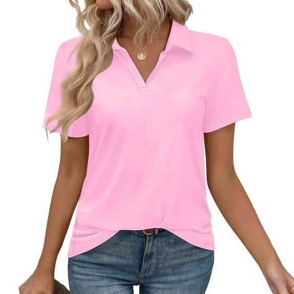 Cowsor Womens Collared V Neck Polo Shirts Solid Short Sleeve Twisted Hem Slim Fit Soft Stretchy Casual Daily Business Work Pullover Tops
