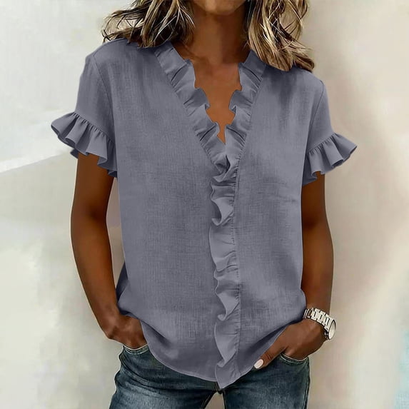 Cowsor Womens Cotton Linen Blend Ruffled V Neck Short Sleeve Blouse Solid Color Flutter Ruffle Sleeve Loose Fit Breathable Lightweight Casual Pullover Shirts Tops for Spring Summer for Women