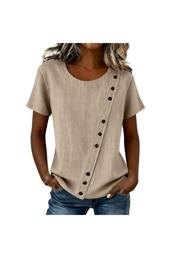 Womens Crew Neck Asymmetric Decor Button Short Sleeve Linen Shirts Solid Washed Texture Loose Curved Hem Casual Summer Relax Fit Pullover Blouses