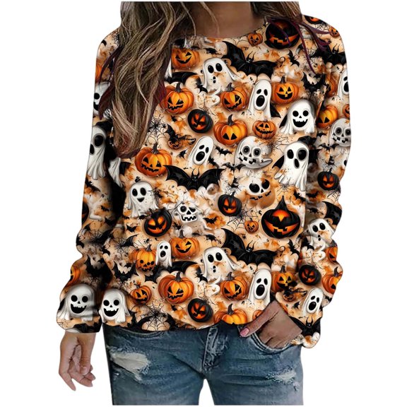 Cowsor Womens Crew Neck Long Sleeve Pullover Sweatshirt Fall Autumn Pumpkin Maple Leaf Dot Halloween All Over Print Soft Knit Loose Fit Casual No Hood Spooky Season Daily Layering Top
