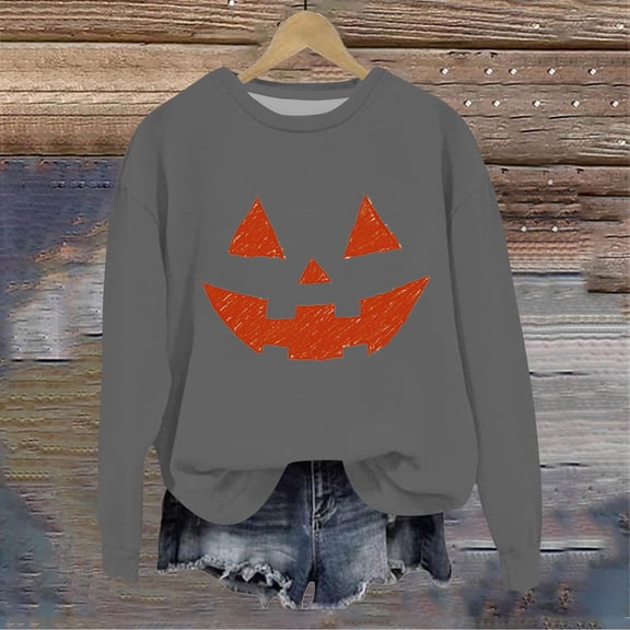 Cowsor Womens Crewneck Long Sleeve Sweatshirt Classic Jack O Lantern Pumpkin Face Halloween Graphic Print Loose Soft Brushed Non Hooded Casual Fall Pullover Daily Tops