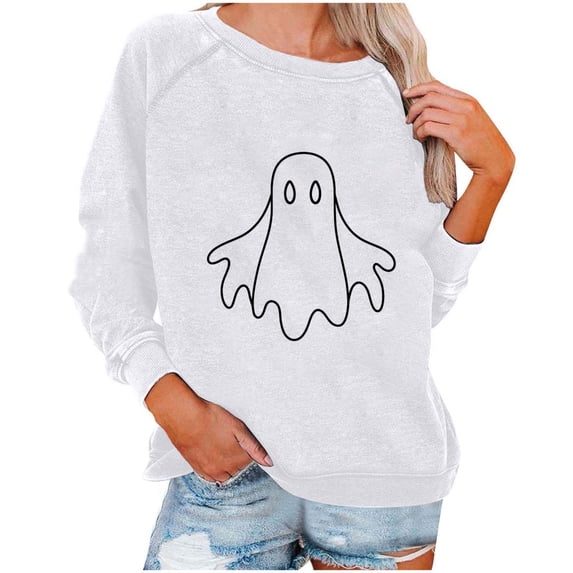 Cowsor Womens Halloween Crew Neck Raglan Long Sleeve Pullover Sweatshirt Cute Ghost Carved Pumpkin Graphic Print Soft Knit Relaxed Fit Fall Casual Daily Tops