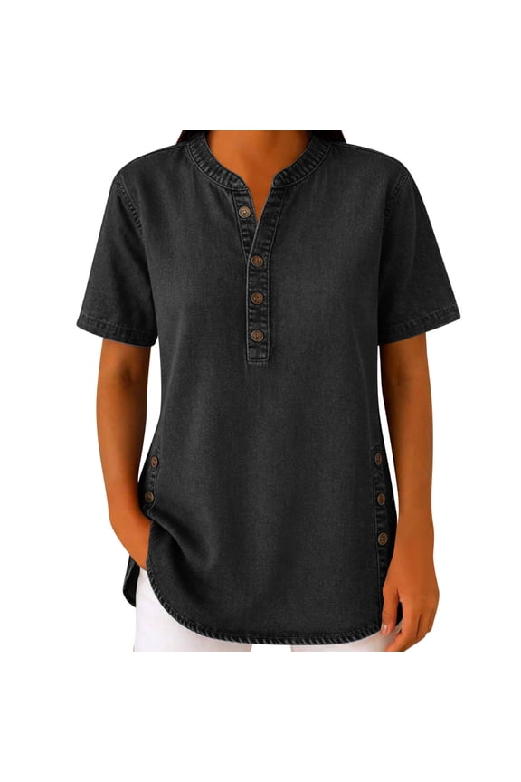 Womens Henley Notch Neck Multi Button Short Sleeve Woven Shirt Side Accent Buttons Curved Hem Loose Relaxed Fit Lightweight Breathable Solid Casual Pullover Tunic Blouse Top