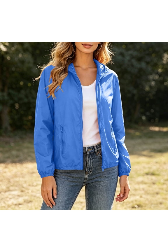 Womens Lightweight Hooded Windbreaker Full Zip Long Sleeve Elastic Cuff Zipper Pocket Packable Solid Color Quick Dry Casual Outdoor Layering Jacket Coat