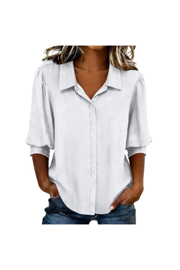 Womens Linen Cotton Blend Full Button Shirts Lapel Collar 3/4 Length Sleeve Solid Color Relaxed Fit Lightweight Breathable Casual Blouse Tunics