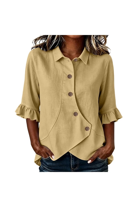 Womens Linen Textured Button Down Shirts Pointed Collar 3/4 Sleeve Solid Color Straight Relaxed Waist Curved Hem Casual Layering Tunic Blouse Tops