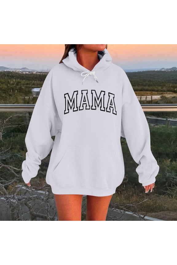 Womens MAMA Letter Embroidered Hoodie Oversized Longline Pullover Adjustable Drawstring Kangaroo Pocket Drop Shoulder Casual Long Sleeve Tops