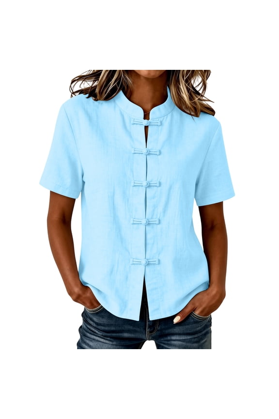 Womens Mandarin Collar Frog Button Short Sleeve Shirts Linen Textured Straight Waist Relaxed Hem Solid Color Lightweight Breathable Retro Casual Button Up Blouse Tops