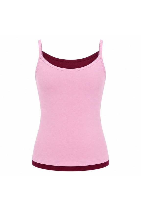 Womens Mock Two Layer Spaghetti Strap Tank Top Ribbed Stretch Knit Slim Fit Sleeveless Crew Neck Solid Color Daily Basic Cami Tees Casual Layering Tops