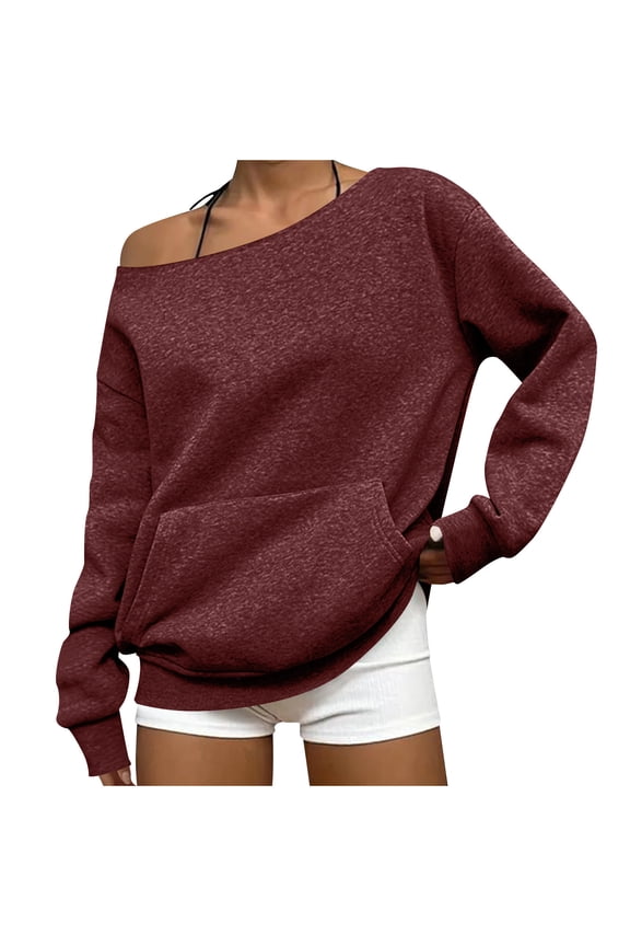 Womens Off Shoulder Slanted Neck Sweatshirt Front Kangaroo Pocket Drop Shoulder Long Sleeve Heather Solid Loose Casual Pullover Tops