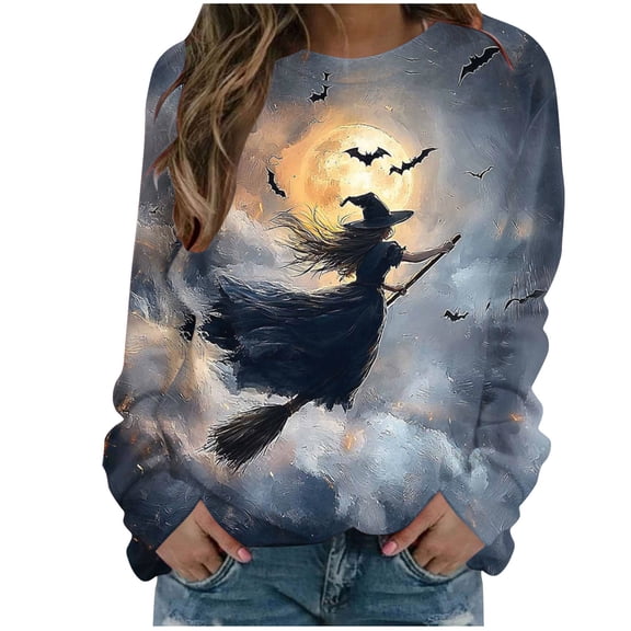 Cowsor Womens Oversized Crewneck Long Sleeve Sweatshirt Halloween Witch Moon Dead Branch Gradient Allover Print Soft Brushed Fleece Drop Shoulder Top