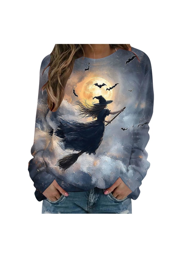 Womens Oversized Crewneck Long Sleeve Sweatshirt Halloween Witch Moon Dead Branch Gradient Allover Print Soft Brushed Fleece Drop Shoulder Top