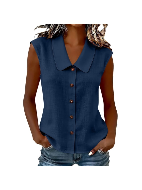Womens Peter Pan Collar Sleeveless Linen Blend Vest Button Front Textured Crinkle Fabric Curved Hem Casual Tank Blouse Tops for Ladies