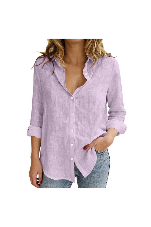 Womens Point Collar Button Front Loose Fit Linen Texture Shirt Roll Tab Long Sleeve Curved High Low Hem Airy Crinkle Woven Fabric Wrinkle Resistant Solid Color Soft Breathable Blouse