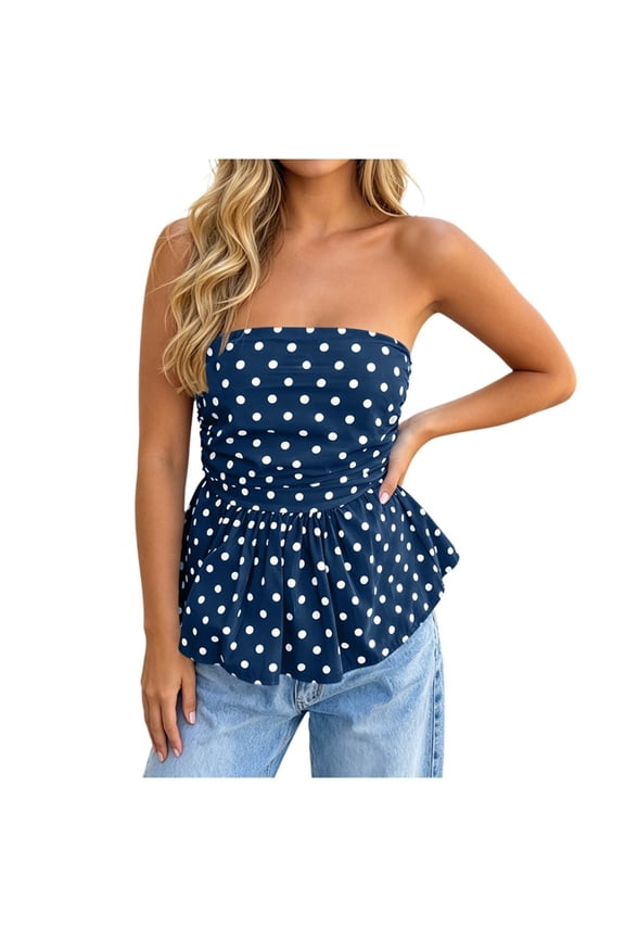 Womens Polka Dot Strapless Tube Tops Ruched Waist Peplum Hem Bandeau Blouses Casual Slim Fit Flared Ruffle Hem Off Shoulder Summer Camisole Shirts