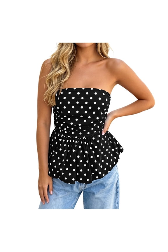 Womens Polka Dot Strapless Tube Tops Ruched Waist Peplum Hem Bandeau Blouses Casual Slim Fit Flared Ruffle Hem Off Shoulder Summer Camisole Shirts