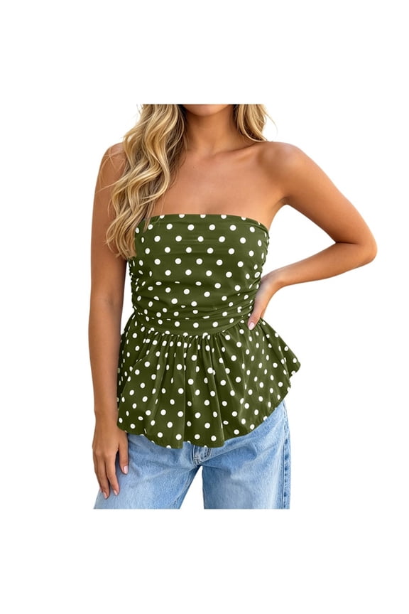 Womens Polka Dot Strapless Tube Tops Ruched Waist Peplum Hem Bandeau Blouses Casual Slim Fit Flared Ruffle Hem Off Shoulder Summer Camisole Shirts