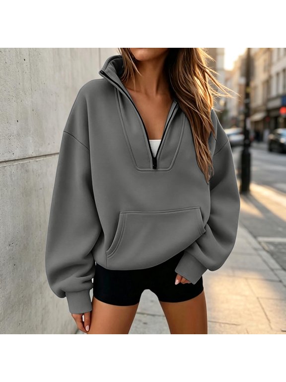 Womens Quarter Zip Pullover Sweatshirts 1/4 Zip Collar Long Sleeve Loose Relaxed Fit Soft Fleece Knit Lightweight Casual Pullover Sweatshirt Tops Outerwear for Women