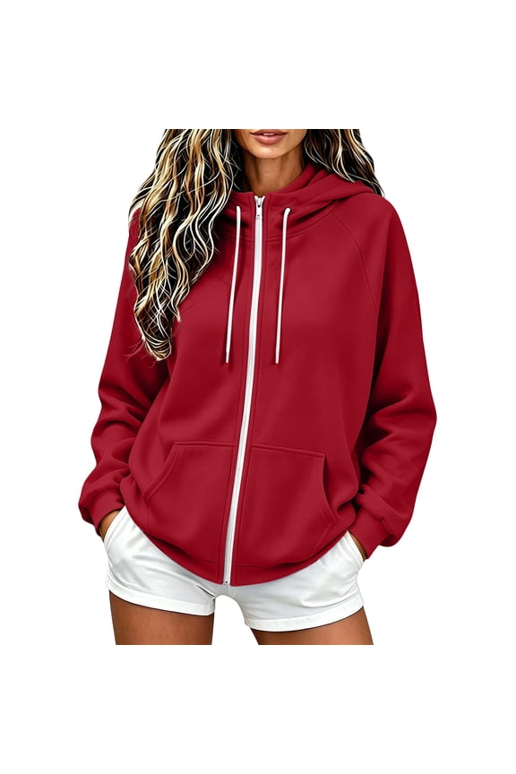 Womens Raglan Sleeve Full Zip Hoodie Fleece Knit Drawstring Hood Front Kangaroo Pocket Loose Fit Solid Color Anti Pilling Casual Sweatshirt Jacket Top