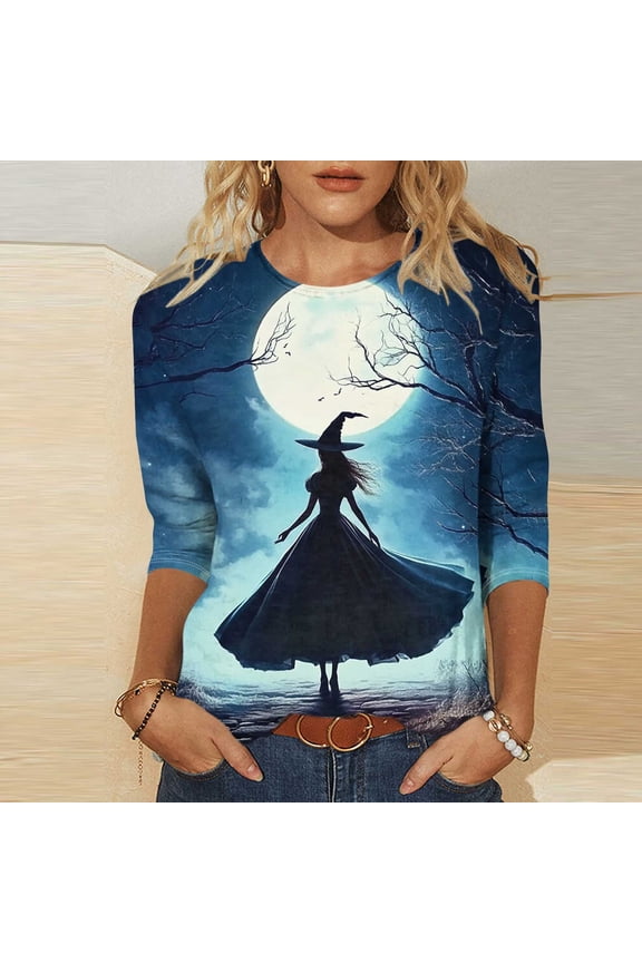 Womens Round Neck 3/4 Sleeve T-Shirt Vintage Full Print Witch Broom Moon Bat Haunted House Halloween Graphic Casual Soft Daily Fall Tee Tops