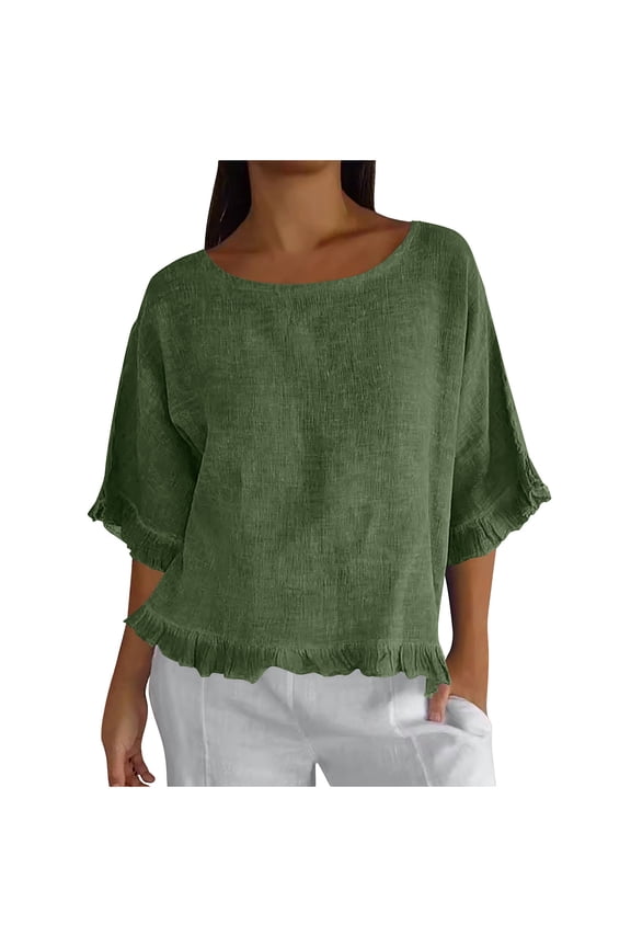 Womens Round Neck Ruffle Trim Elbow Length Sleeve Linen Texture Blouse Solid Loose Cropped Hem Lightweight Breathable Casual Pullover Tops
