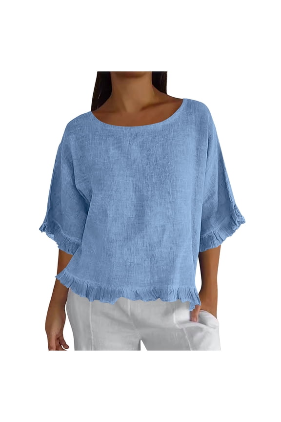 Womens Round Neck Ruffle Trim Elbow Length Sleeve Linen Texture Blouse Solid Loose Cropped Hem Lightweight Breathable Casual Pullover Tops