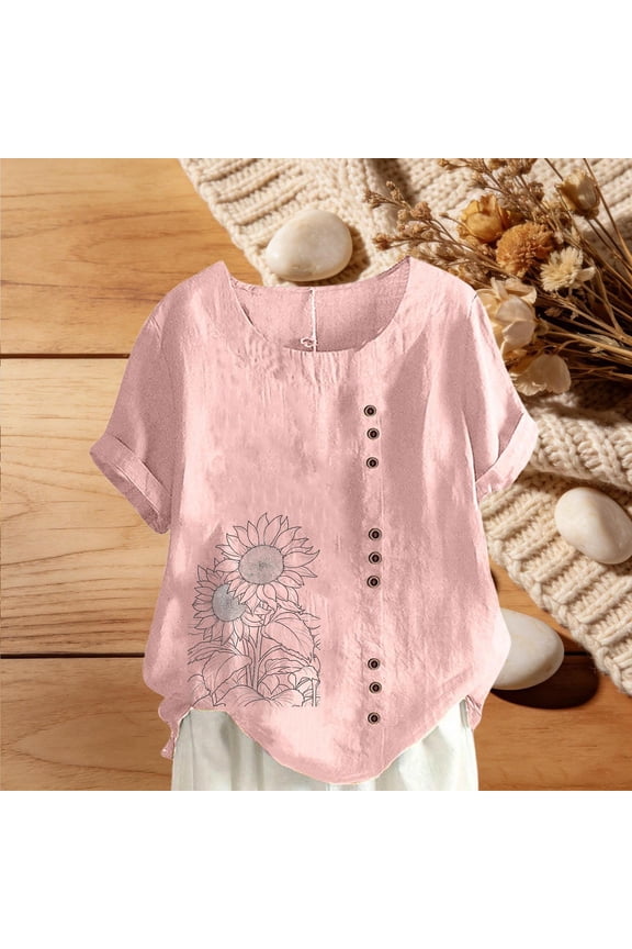 Womens Round Neck Sunflower Floral Print Short Sleeve Button Down Textured Linen Look Shirts Irregular Curved Hem Loose Casual Blouse Tops
