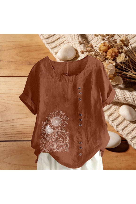 Womens Round Neck Sunflower Floral Print Short Sleeve Button Down Textured Linen Look Shirts Irregular Curved Hem Loose Casual Blouse Tops